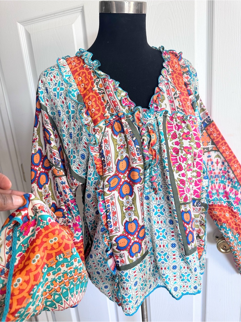 Johnny Was 100% Silk blouse Top Multicolor Boho Patchwork ruffle trim size Small